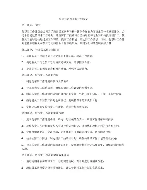 公司传帮带工作计划范文