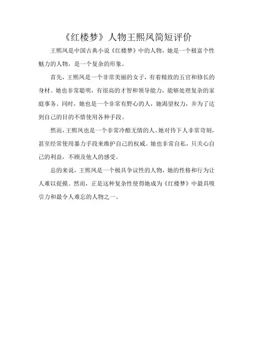 《红楼梦》人物王熙凤简短评价