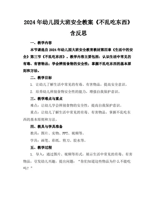 2024年幼儿园大班安全教案《不乱吃东西》含反思