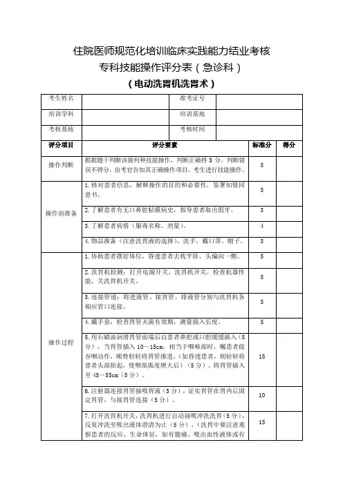 住院医师规范化培训临床实践能力结业考核专科技能操作评分表(急诊科)电动洗胃机洗胃术
