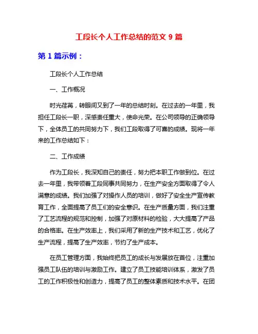 工段长个人工作总结的范文9篇