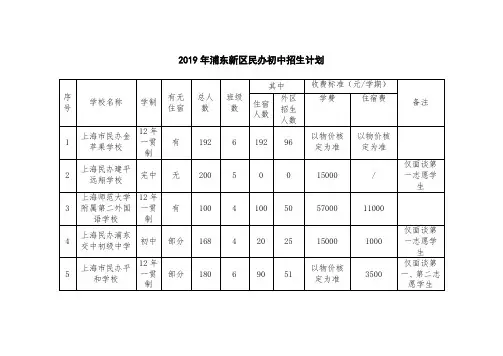 2019年浦东新区民办初中招生计划