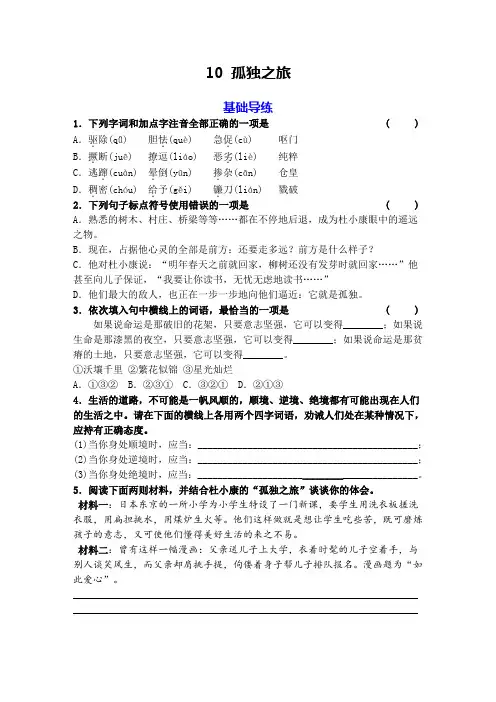 九年级语文人教版上册同步导练：10《孤独之旅》