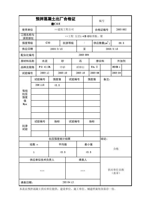 预拌混凝土出厂合格证