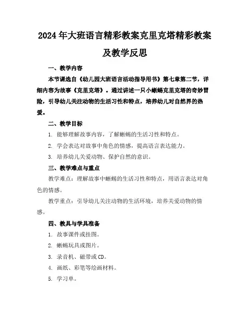 2024年大班语言精彩教案克里克塔精彩教案及教学反思