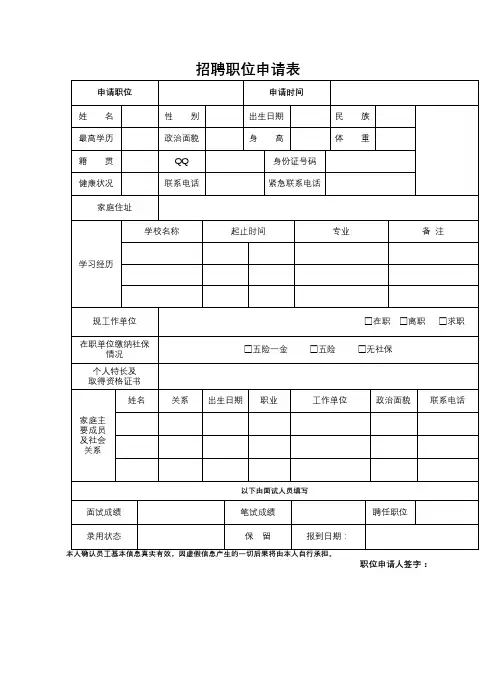 招聘职位申请表【模板】