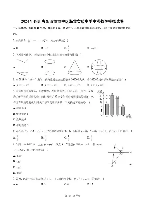 2024年四川省乐山市市中区海棠实验中学中考数学模拟试卷+答案解析