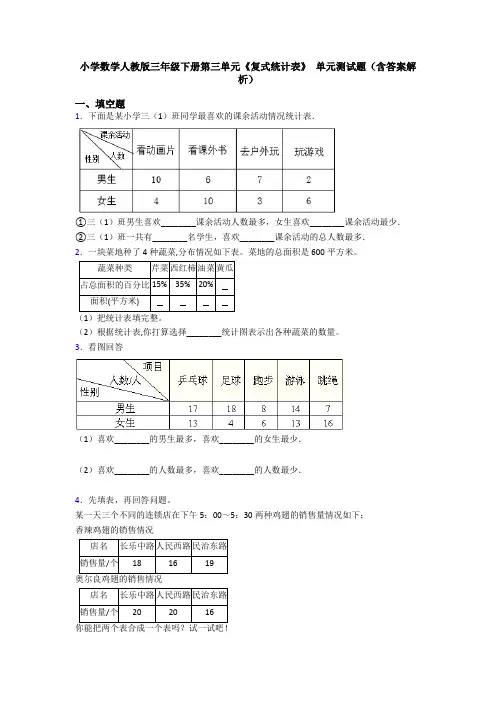 小学数学人教版三年级下册第三单元《复式统计表》 单元测试题(含答案解析)