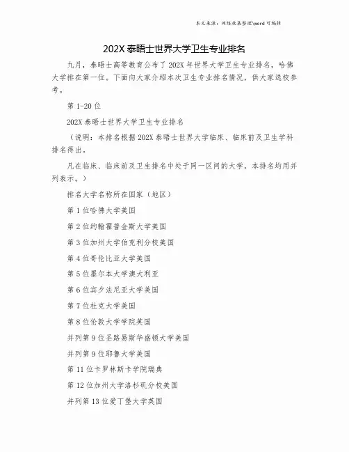 202X泰晤士世界大学卫生专业排名.doc