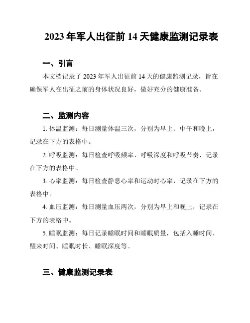 2023年军人出征前14天健康监测记录表