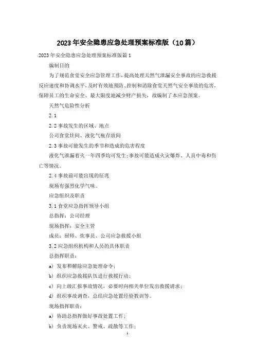 2023年安全隐患应急处理预案标准版(10篇)