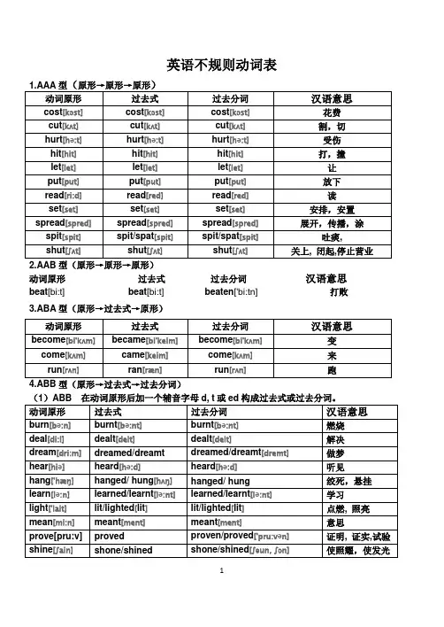 小学英语不规则动词表格(带音标和汉语解释)