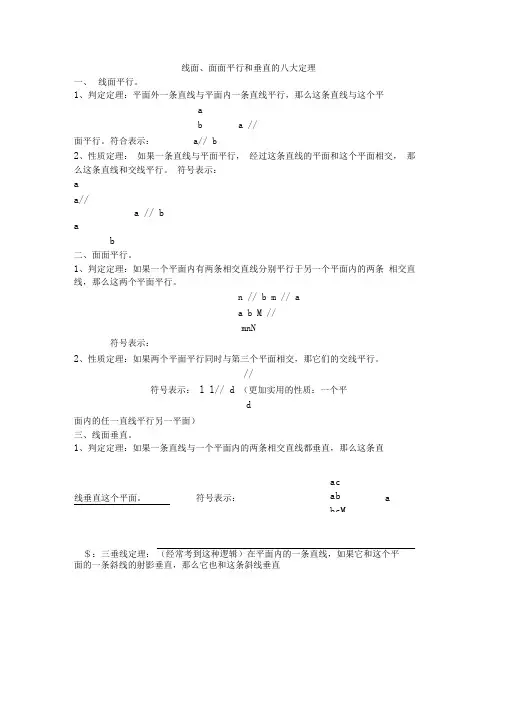 线面、面面平行和垂直的八大定理