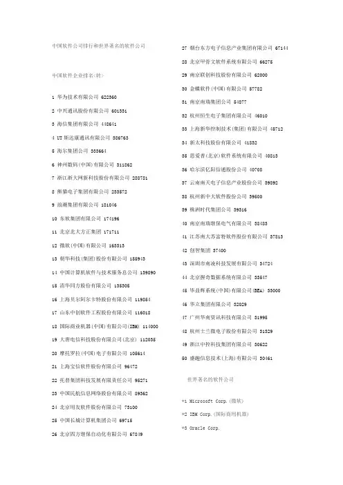 中国软件公司排行和世界著名的软件公司