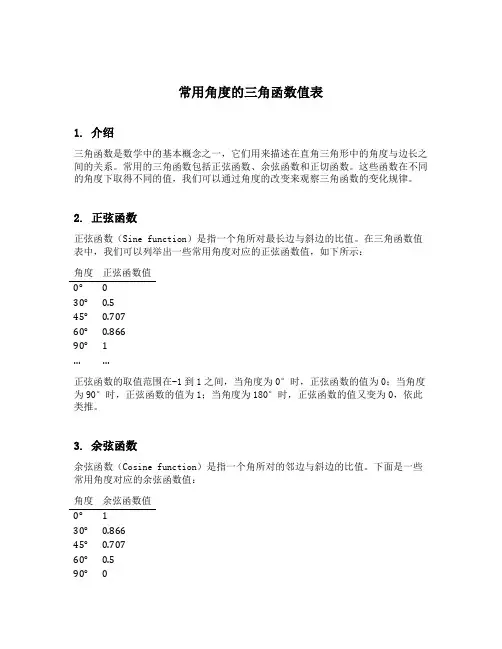 常用角度的三角函数值表