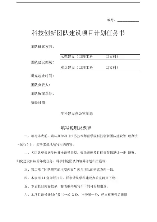 科技创新团队建设项目计划任务书