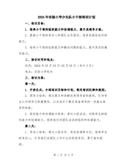 2024年实验小学少先队小干部培训计划