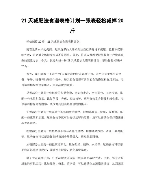 21天减肥法食谱表格计划一张表轻松减掉20斤