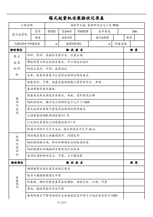 塔式起重机安装验收记录表(综合验收表)