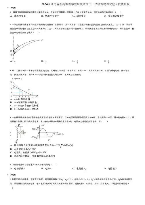 2024届湖南省新高考教学教研联盟高三一模联考物理试题名校模拟版