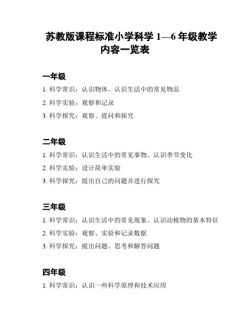 苏教版课程标准小学科学1—6年级教学内容一览表