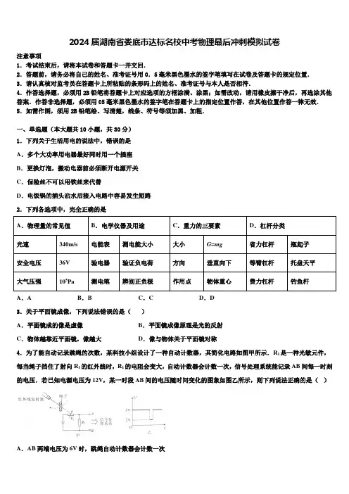 2024届湖南省娄底市达标名校中考物理最后冲刺模拟试卷含解析