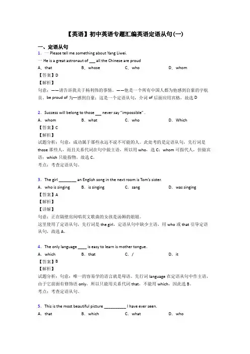 【英语】初中英语专题汇编英语定语从句(一)