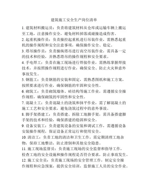 建筑施工安全生产岗位清单