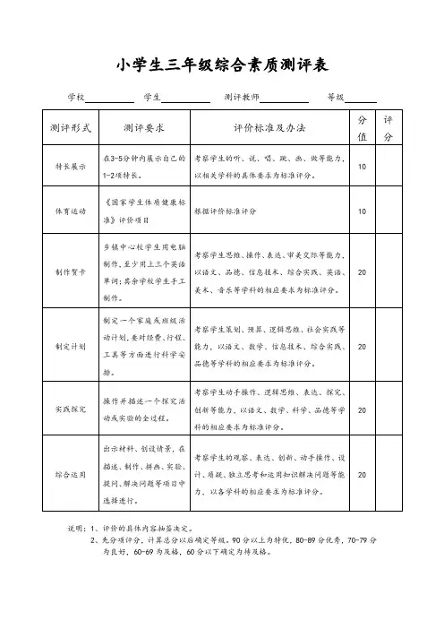 小学生三年级综合素质测评表