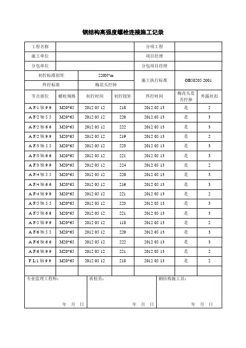钢结构高强度螺栓连接施工记录