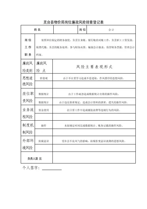 会计岗位个人廉政风险排查登记表