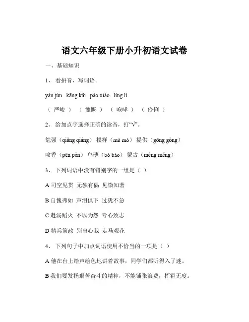 语文六年级下册小升初语文试卷