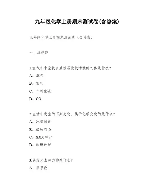 九年级化学上册期末测试卷(含答案)