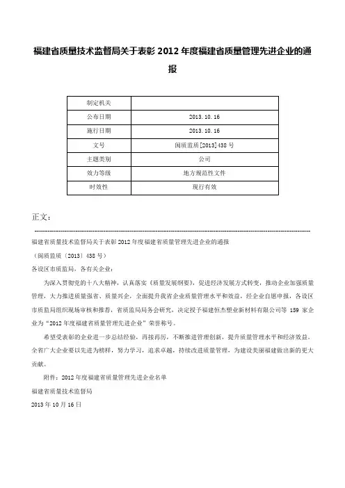 福建省质量技术监督局关于表彰2012年度福建省质量管理先进企业的通报-闽质监质[2013]438号
