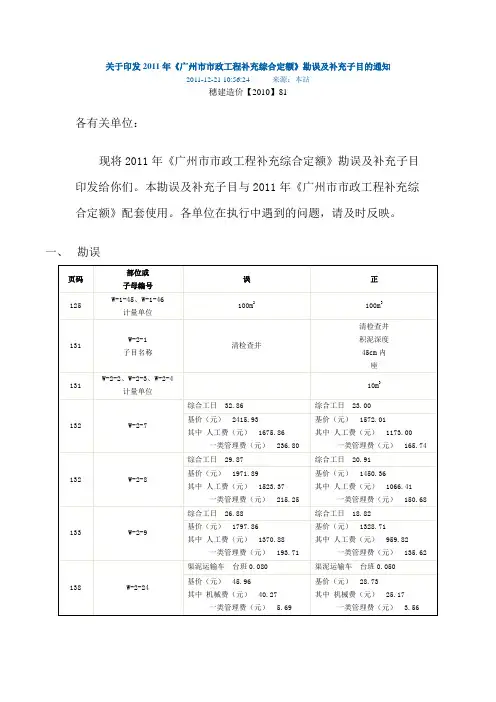 2011年《广州市市政工程补充综合定额》勘误及补充子目