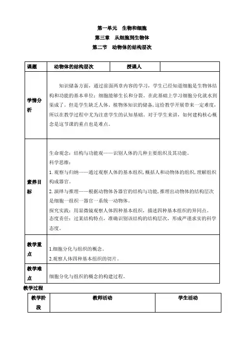 2024人教新版教材初中生物教案第二节 动物体的结构层次