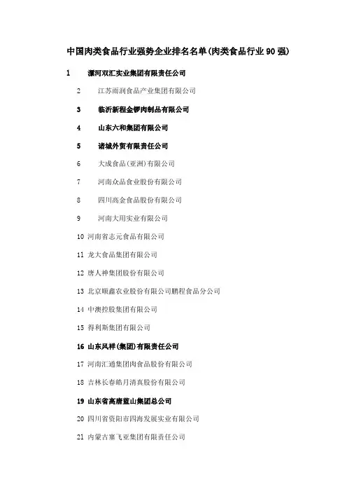 中国肉类食品行业强势企业排名名单