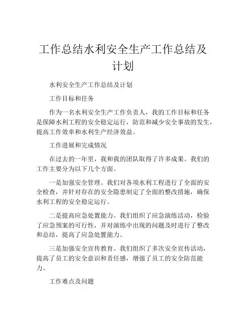 工作总结水利安全生产工作总结及计划