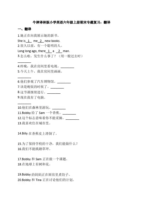牛津译林版小学英语六年级上册期末专题复习：翻译
