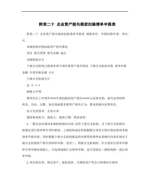附表二十 企业资产损失税前扣除清单申报表