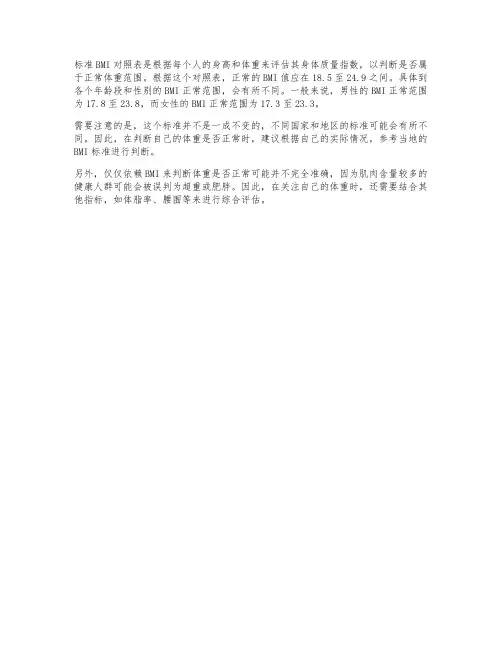 标准bmi对照表