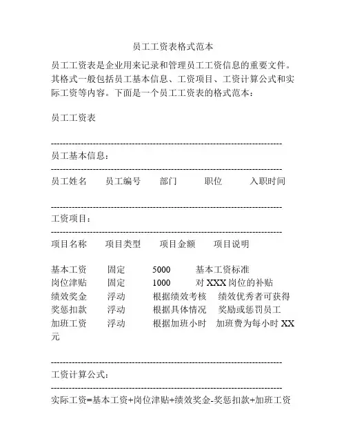 员工工资表格式范本
