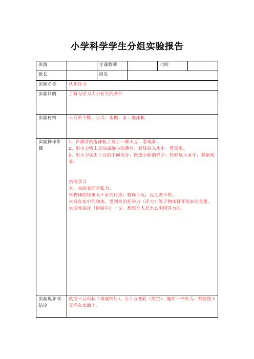 小学科学学生分组实验报告————认识浮力