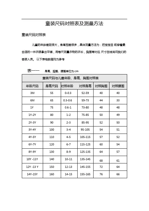童装尺码对照表及测量方法