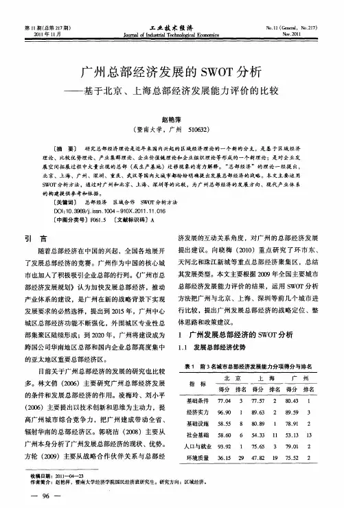 广州总部经济发展的SWOT分析——基于北京、上海总部经济发展能力评价的比较