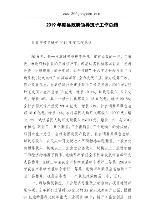 2019年度县政府领导班子工作总结