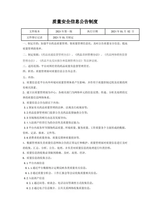 药品网络交易服务第三方平台质量管理文件--质量安全信息公告制度