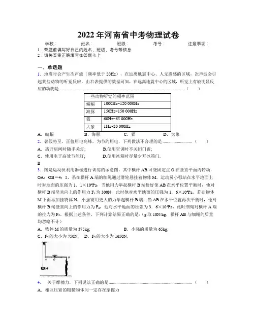 2022年河南省中考物理试卷附解析