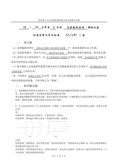 102青岛理工大学期末考试流体输配管网复习题(2018-19)A