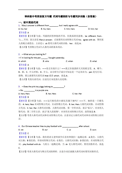译林版中考英语复习专题 代词专题剖析与专题同步训练(含答案)